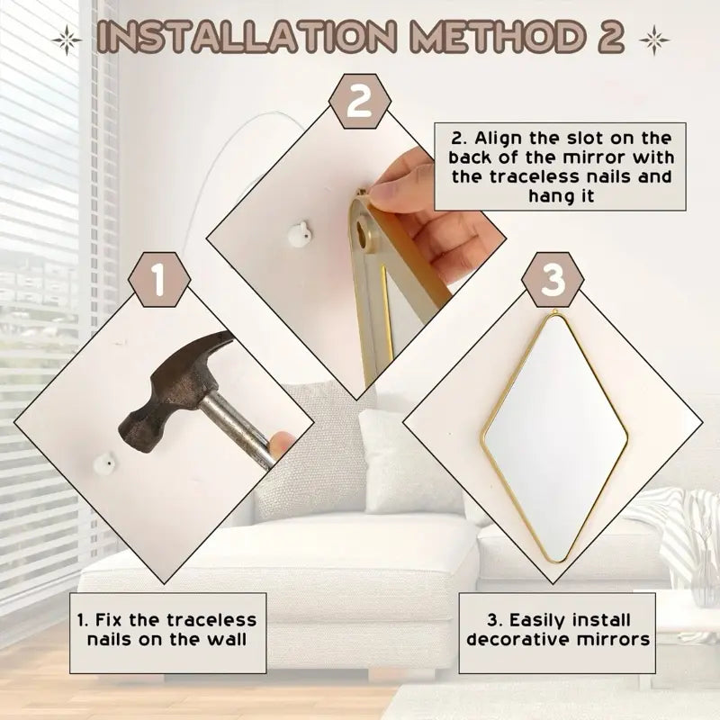 Local Shipping 6 Pcs Diamond Wall Mirror with Chain Hanging Mirror Set with Diamond Handle Frame Decorative Chain Mirror for Home Entryways Living Room Bathroom Farmhouse Wall Decor (Gold)