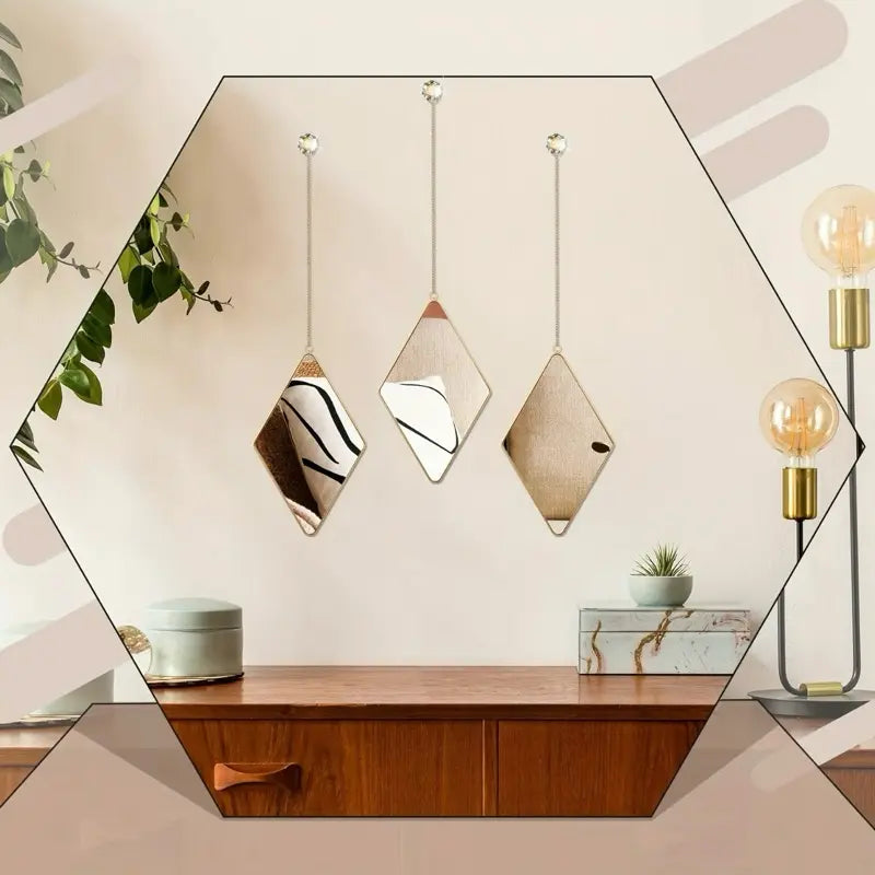 Local Shipping 6 Pcs Diamond Wall Mirror with Chain Hanging Mirror Set with Diamond Handle Frame Decorative Chain Mirror for Home Entryways Living Room Bathroom Farmhouse Wall Decor (Gold)