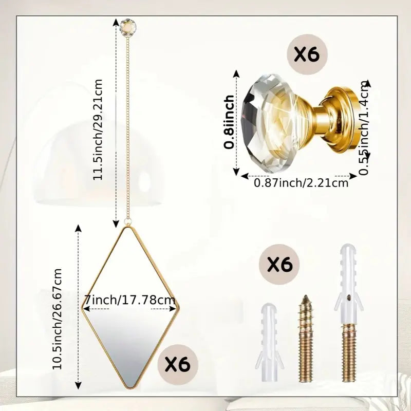 Local Shipping 6 Pcs Diamond Wall Mirror with Chain Hanging Mirror Set with Diamond Handle Frame Decorative Chain Mirror for Home Entryways Living Room Bathroom Farmhouse Wall Decor (Gold)