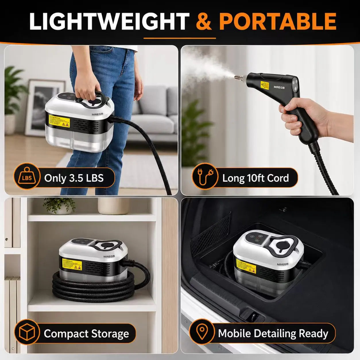 MREGB Handheld Steam Cleaner High-Temperature Pressurized Portable Steamer Fast Heat-Up Deep Cleaning Tool with Accessories for Car Detailing Kitchen Grease Bathroom Tile Floor Multi Surface Home Appliance Wash Equipment