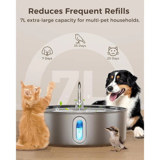 7L/236Oz Stainless Steel Dog Water Fountain for Large Dogs | 25Db Ultra-Quiet Automatic Pet Water Dispenser with Deeper Bowl, 4-Stage Filtration,Ideal for Big Breeds,Multi-Pet Households