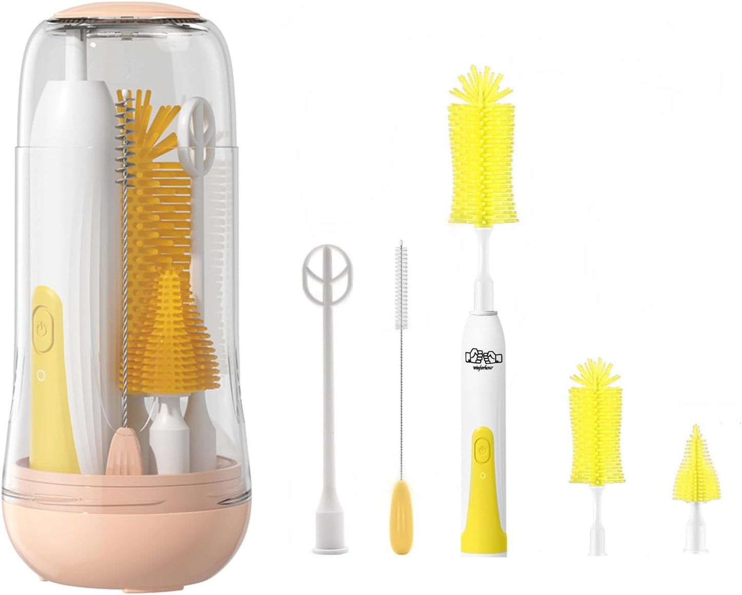 Travel Electric Baby Bottle Brush Set with Electric Bottle Cleaner and Water Bottle Brush and Nipple/Straw Brush,Milk Frother and Drying Rack(Yellow)