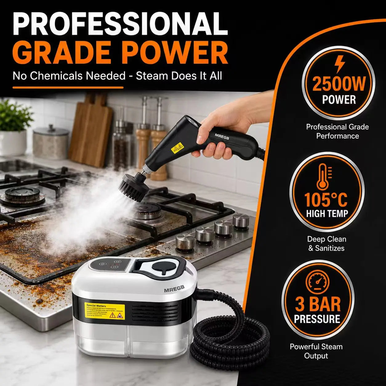MREGB Handheld Steam Cleaner High-Temperature Pressurized Portable Steamer Fast Heat-Up Deep Cleaning Tool with Accessories for Car Detailing Kitchen Grease Bathroom Tile Floor Multi Surface Home Appliance Wash Equipment