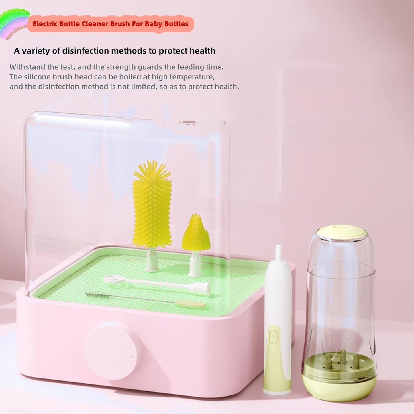 Travel Electric Baby Bottle Brush Set with Electric Bottle Cleaner and Water Bottle Brush and Nipple/Straw Brush,Milk Frother and Drying Rack(Yellow)