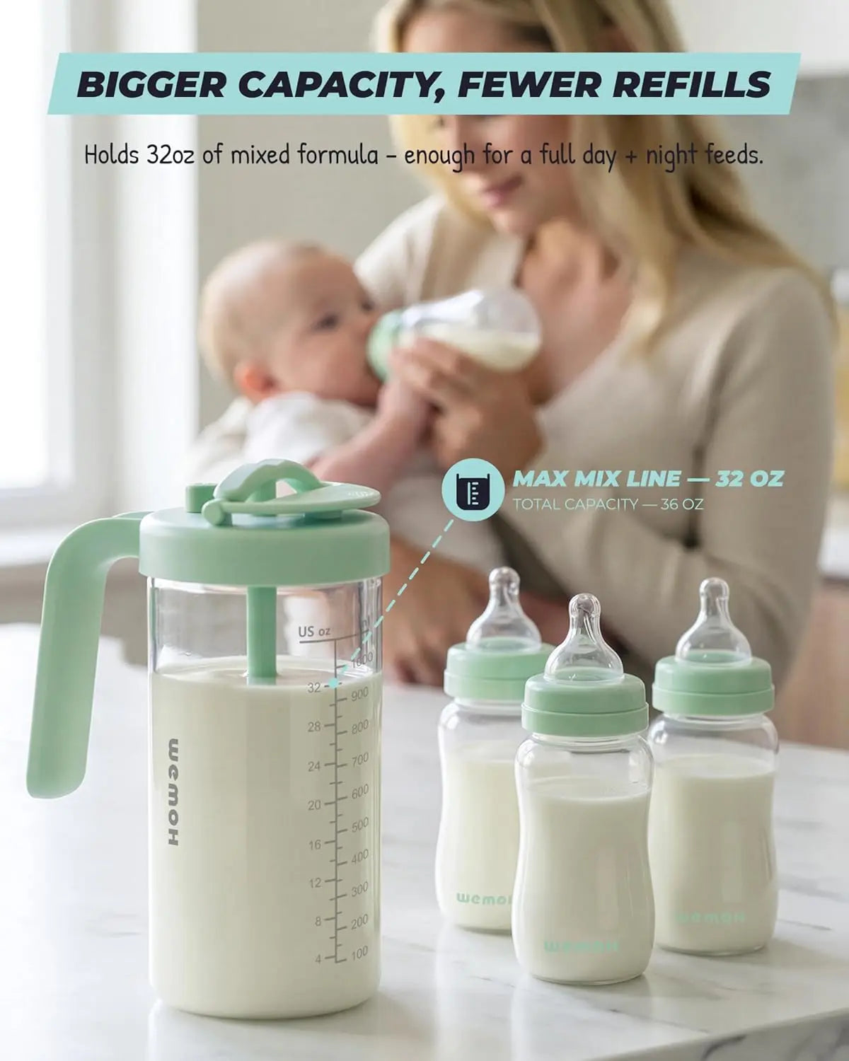 Wemoh 32 Oz Glass Baby Formula Mixing Pitcher - Effortless Manual Mixing with Timer Lid and Easy Pour Spout