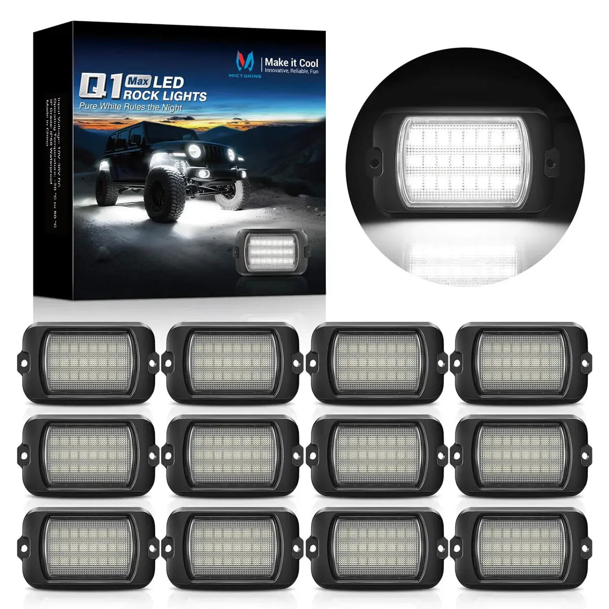 MICTUNING Q1 MAX White Rock Lights, 4/8/12 Pods Underglow Lights Compatible for Car Truck Offroad Boat, IP68 Waterproof
