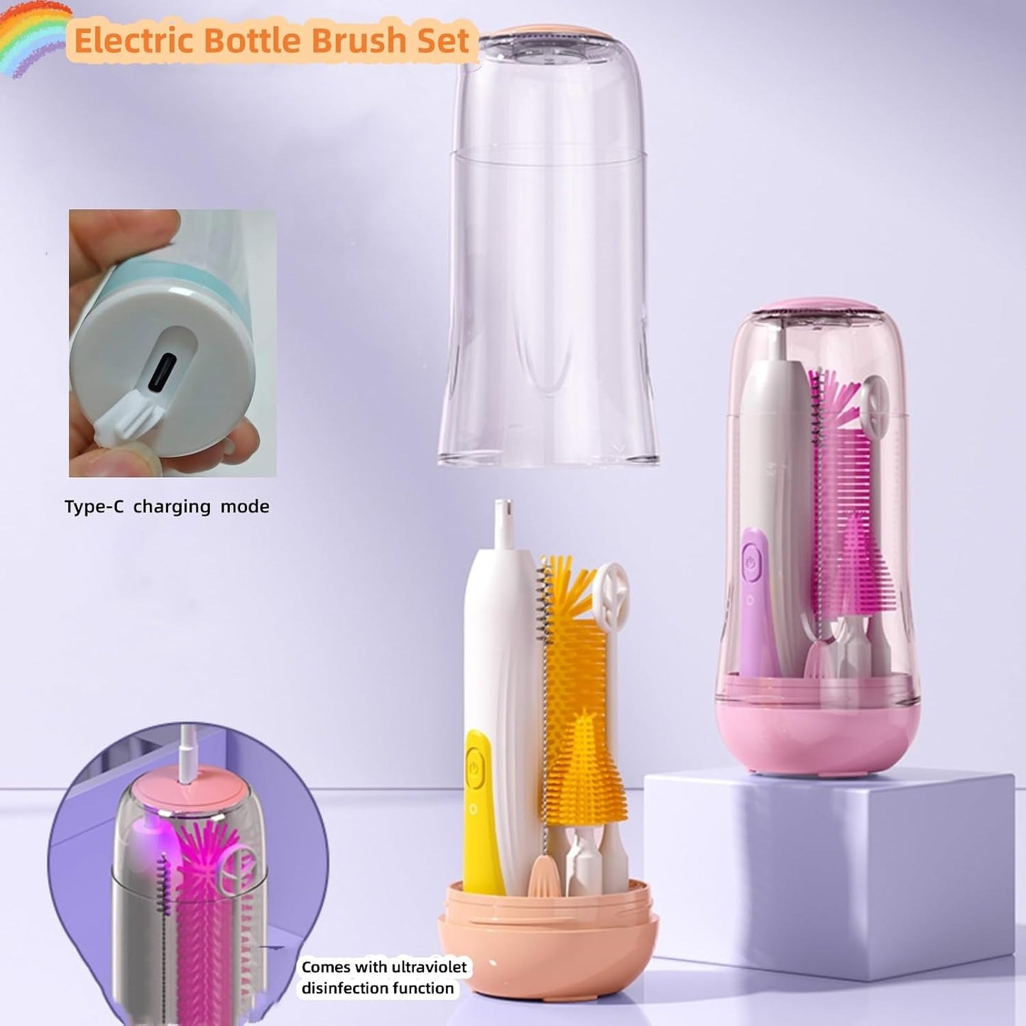 Travel Electric Baby Bottle Brush Set with Electric Bottle Cleaner and Water Bottle Brush and Nipple/Straw Brush,Milk Frother and Drying Rack(Yellow)