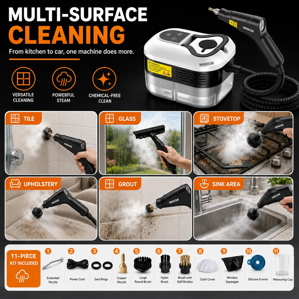 MREGB Handheld Steam Cleaner High-Temperature Pressurized Portable Steamer Fast Heat-Up Deep Cleaning Tool with Accessories for Car Detailing Kitchen Grease Bathroom Tile Floor Multi Surface Home Appliance Wash Equipment