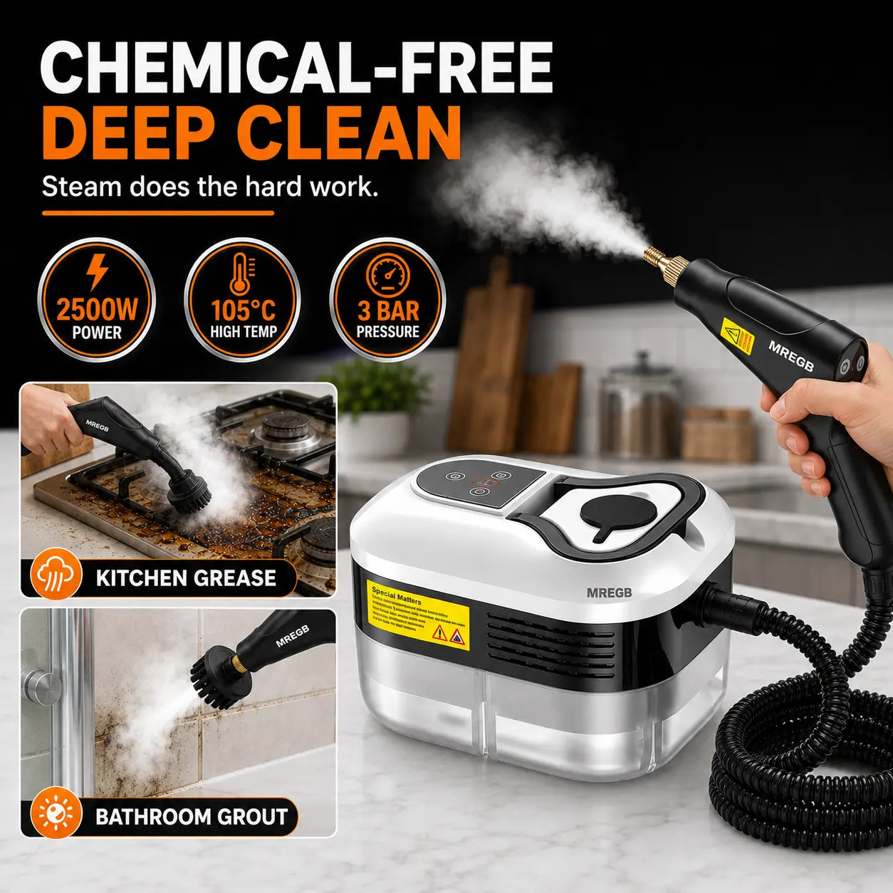 MREGB Handheld Steam Cleaner High-Temperature Pressurized Portable Steamer Fast Heat-Up Deep Cleaning Tool with Accessories for Car Detailing Kitchen Grease Bathroom Tile Floor Multi Surface Home Appliance Wash Equipment
