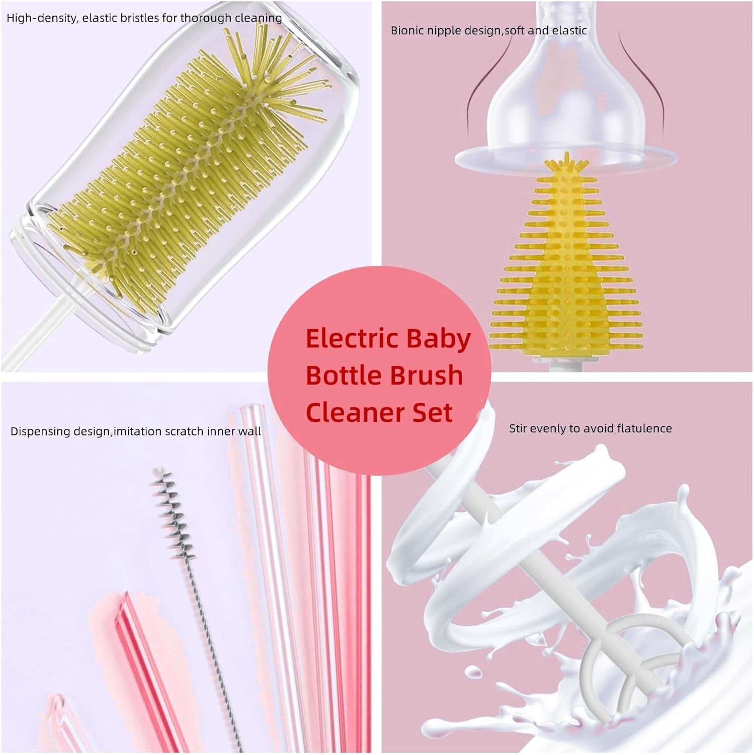 Travel Electric Baby Bottle Brush Set with Electric Bottle Cleaner and Water Bottle Brush and Nipple/Straw Brush,Milk Frother and Drying Rack(Yellow)