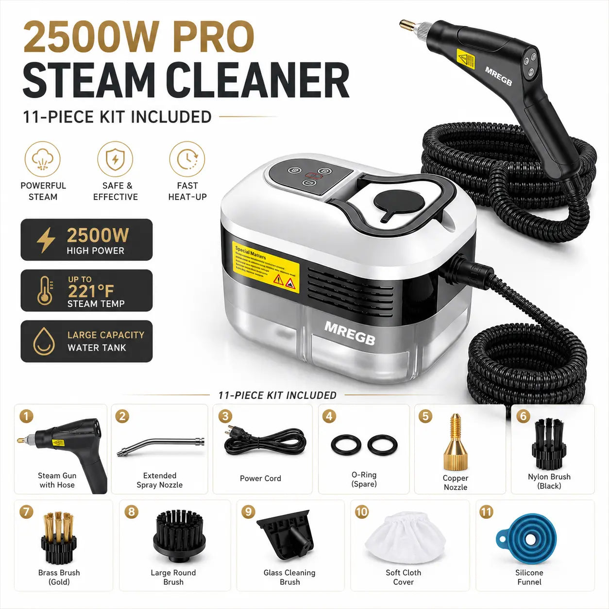 MREGB Handheld Steam Cleaner High-Temperature Pressurized Portable Steamer Fast Heat-Up Deep Cleaning Tool with Accessories for Car Detailing Kitchen Grease Bathroom Tile Floor Multi Surface Home Appliance Wash Equipment