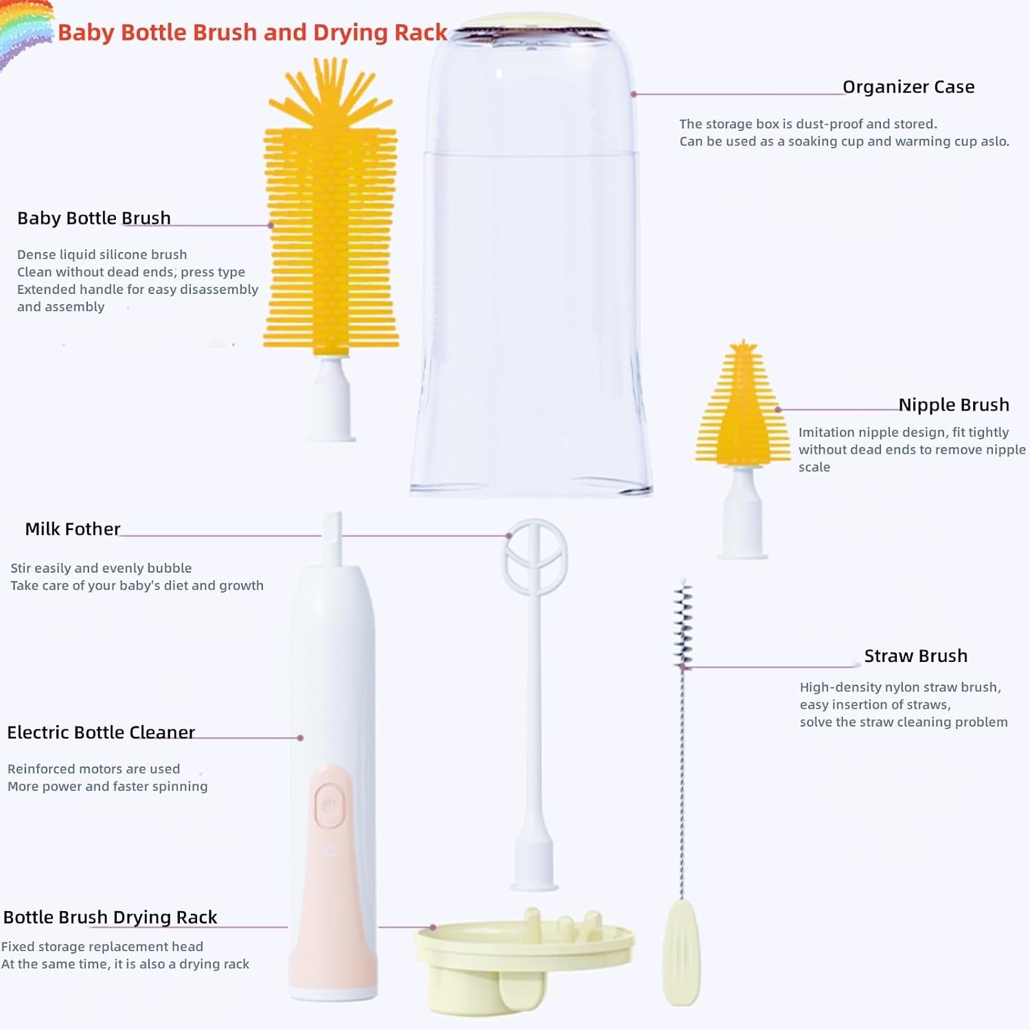 Travel Electric Baby Bottle Brush Set with Electric Bottle Cleaner and Water Bottle Brush and Nipple/Straw Brush,Milk Frother and Drying Rack(Yellow)