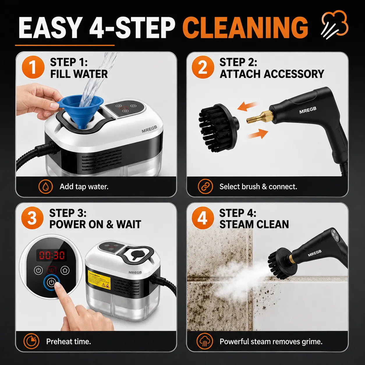MREGB Handheld Steam Cleaner High-Temperature Pressurized Portable Steamer Fast Heat-Up Deep Cleaning Tool with Accessories for Car Detailing Kitchen Grease Bathroom Tile Floor Multi Surface Home Appliance Wash Equipment