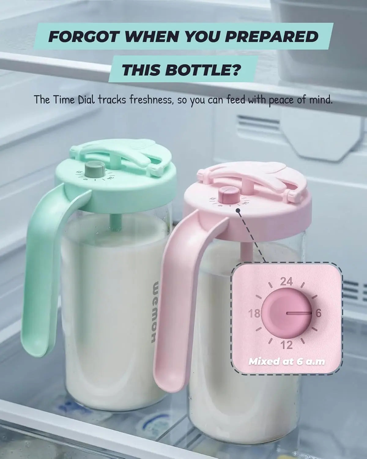 Wemoh 32 Oz Glass Baby Formula Mixing Pitcher - Effortless Manual Mixing with Timer Lid and Easy Pour Spout