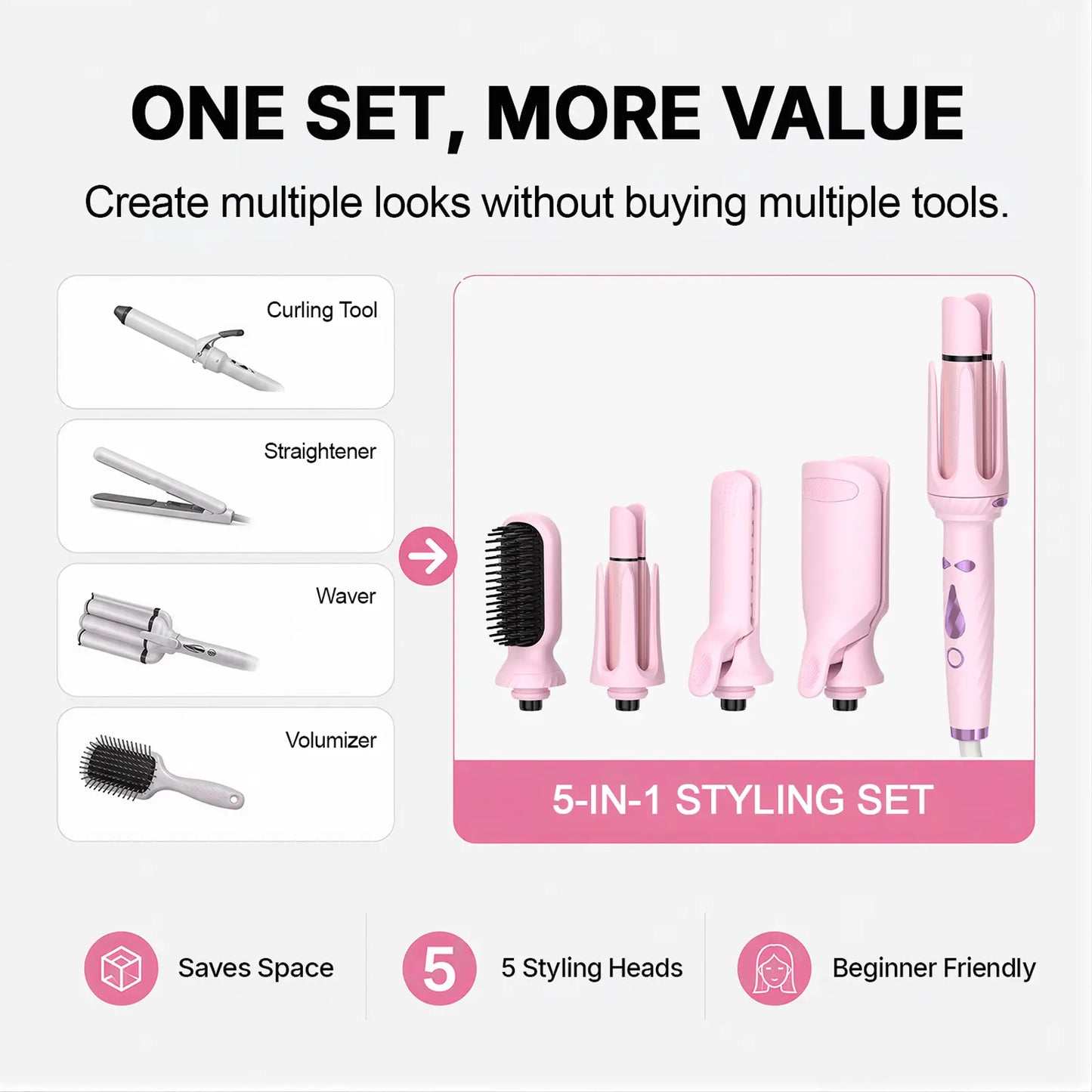 5-In-1 Automatic Rotating Curling Iron Set, Negative Ion Hair Styler for Easy Curls, Beach Waves & Straight Looks, Fast Heating, Beginner-Friendly Anti-Scald Design, Curly Hair, Wavy Hair Styling