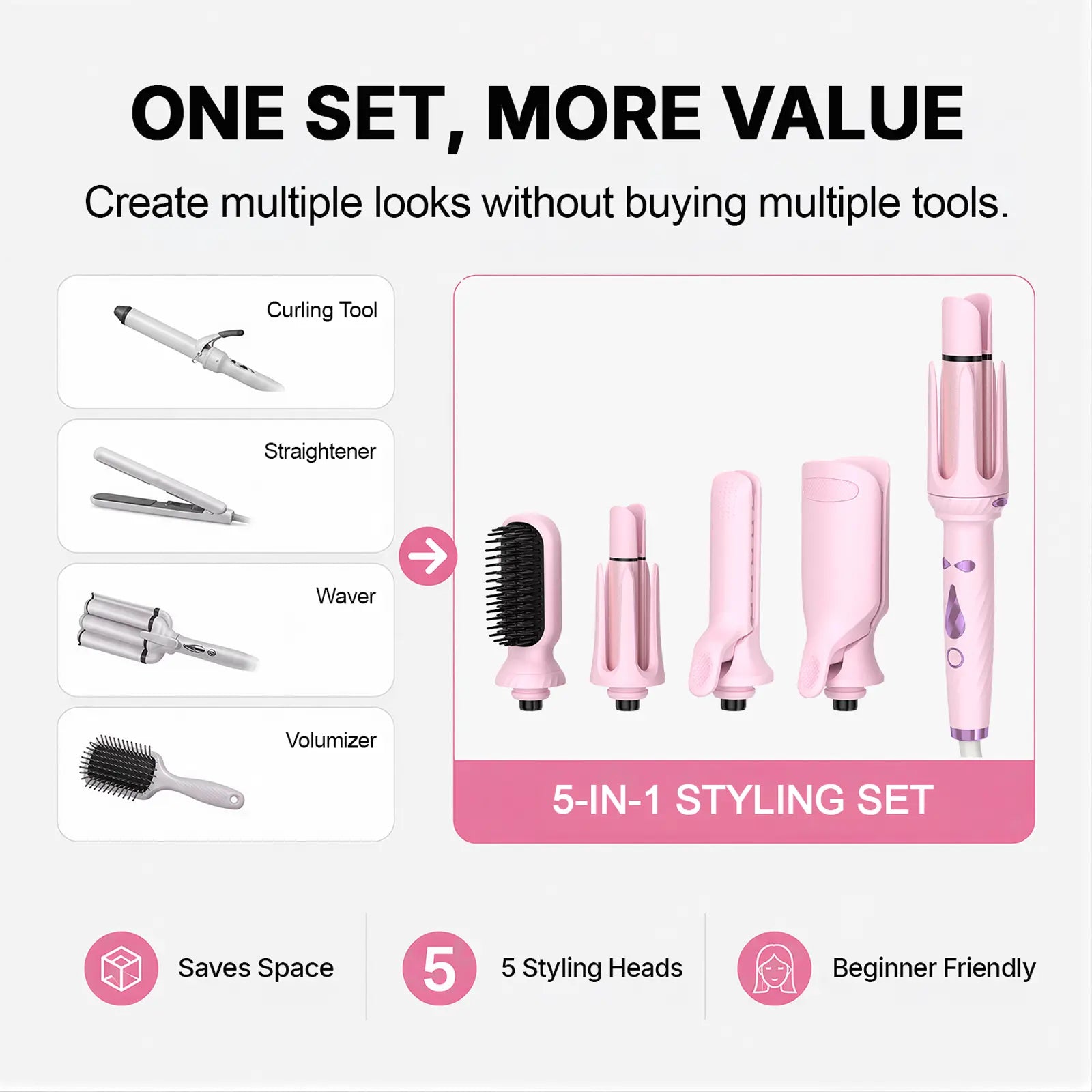 5-In-1 Automatic Rotating Curling Iron Set, Negative Ion Hair Styler for Easy Curls, Beach Waves & Straight Looks, Fast Heating, Beginner-Friendly Anti-Scald Design, Curly Hair, Wavy Hair Styling