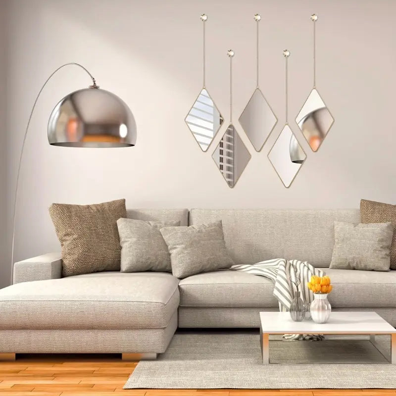 Local Shipping 6 Pcs Diamond Wall Mirror with Chain Hanging Mirror Set with Diamond Handle Frame Decorative Chain Mirror for Home Entryways Living Room Bathroom Farmhouse Wall Decor (Gold)