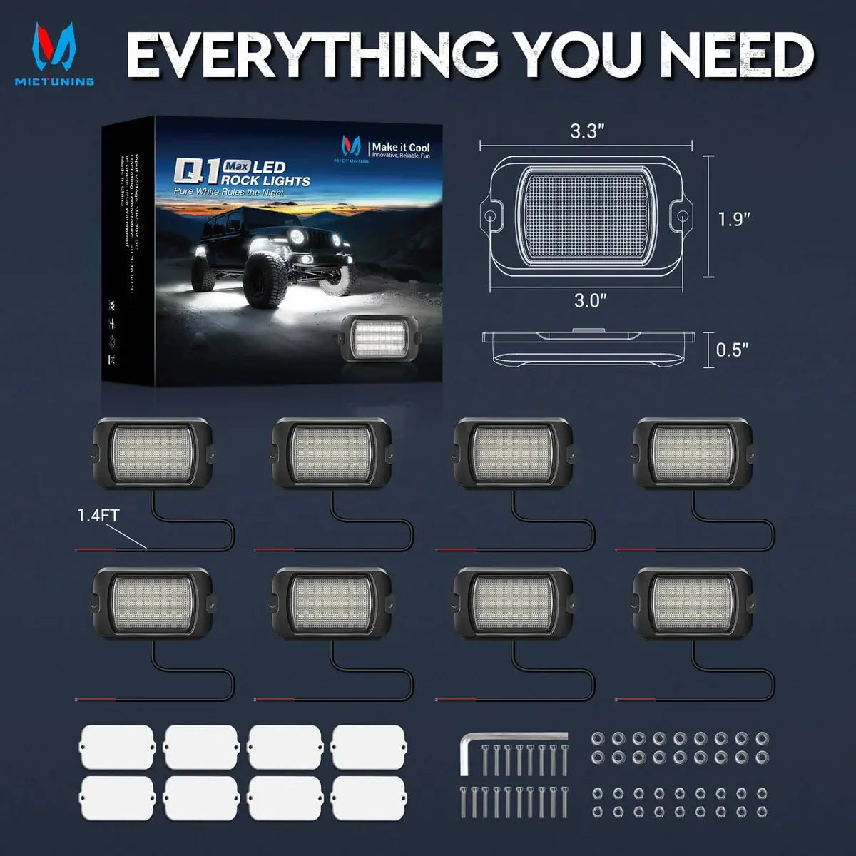 MICTUNING Q1 MAX White Rock Lights, 4/8/12 Pods Underglow Lights Compatible for Car Truck Offroad Boat, IP68 Waterproof
