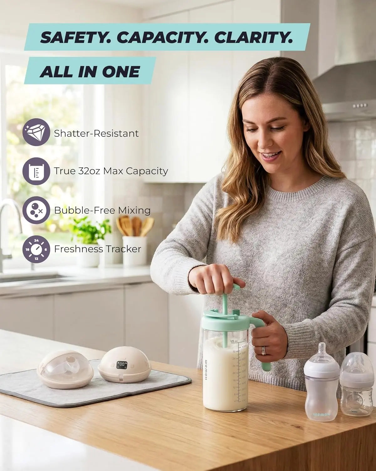 Wemoh 32 Oz Glass Baby Formula Mixing Pitcher - Effortless Manual Mixing with Timer Lid and Easy Pour Spout